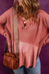 Exposed Seam Slit Neck Waffle Knit Patchwork Top
